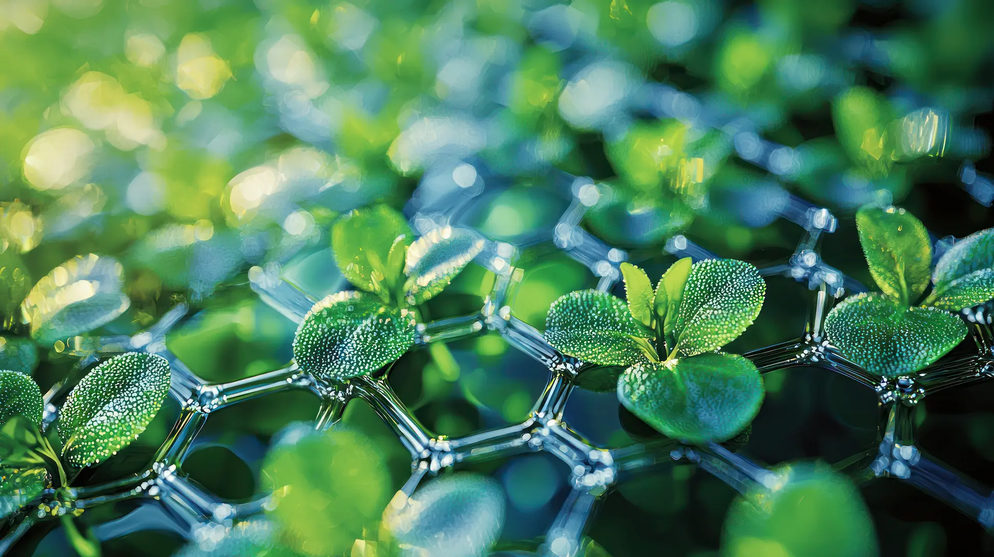 Makroaufnahme junger grüner Pflanzentriebe mit Wassertropfen, die in einer transparenten, wabenförmigen Hydrogel- oder Molekularstruktur wachsen.