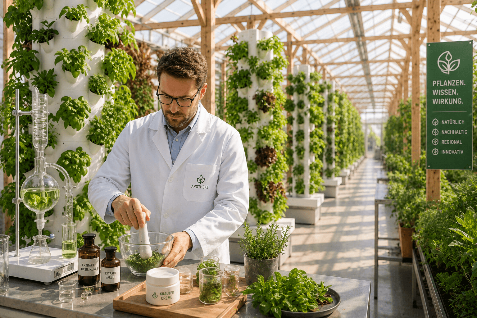 ein vertikaler Hydroponik-Turm mit Kräutern und Salat in einem langen Gewächshaus, dass Holzbalken als Stützen hat. Im Vordergrund sieht man einen Apotheker, der aus Pflanzen eine Creme extrahiert.